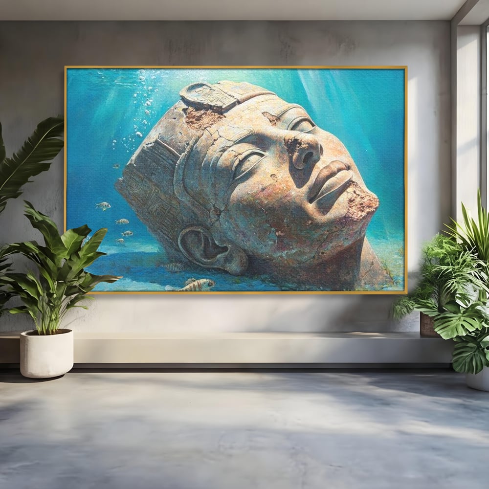 Tablou canvas cu cap de statuie faraonica scufundat, in rama de aluminiu auriu